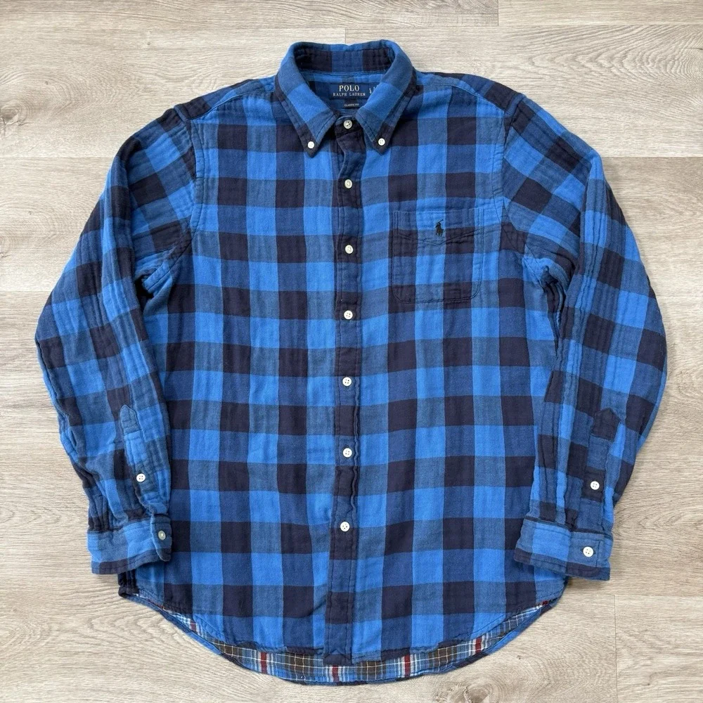Polo Ralph Lauren Classic Fit Plaid Double Face Shirt Blue Buffalo Flannel Men L